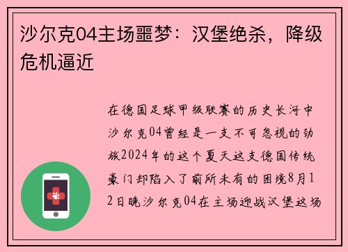 沙尔克04主场噩梦：汉堡绝杀，降级危机逼近